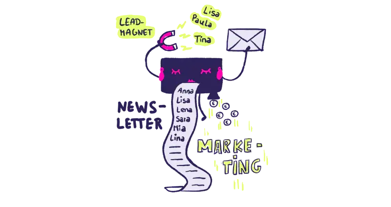 Sketchnote zu Newsletter-Marketing mit Lead-Magnet, Namen und E-Mail als Quelle für Website Traffic