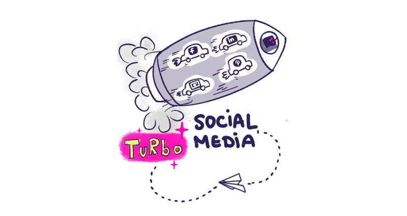 Sketchnote zeigt Social Media Rakete mit Symbolen von LinkedIn und Facebook als Turbo für Website Traffic